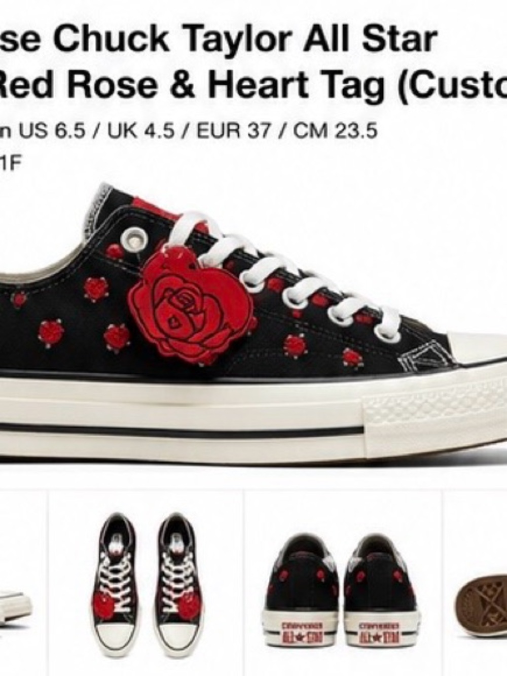 Converse Black Canvas Low-Top Sneakers with Red Rose Accents